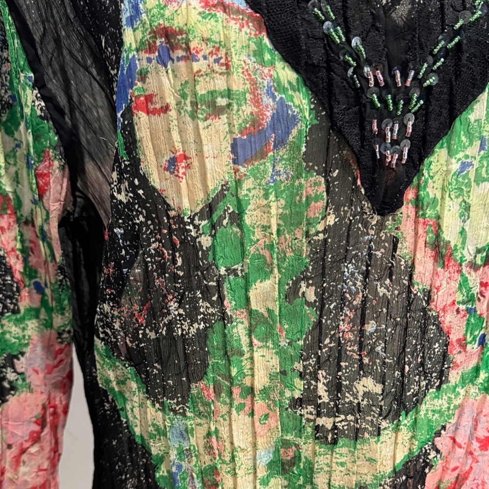 Alberto Makali Black Multicolor Abstract V-Neck Blouse Sz L - Picture 3 of 8